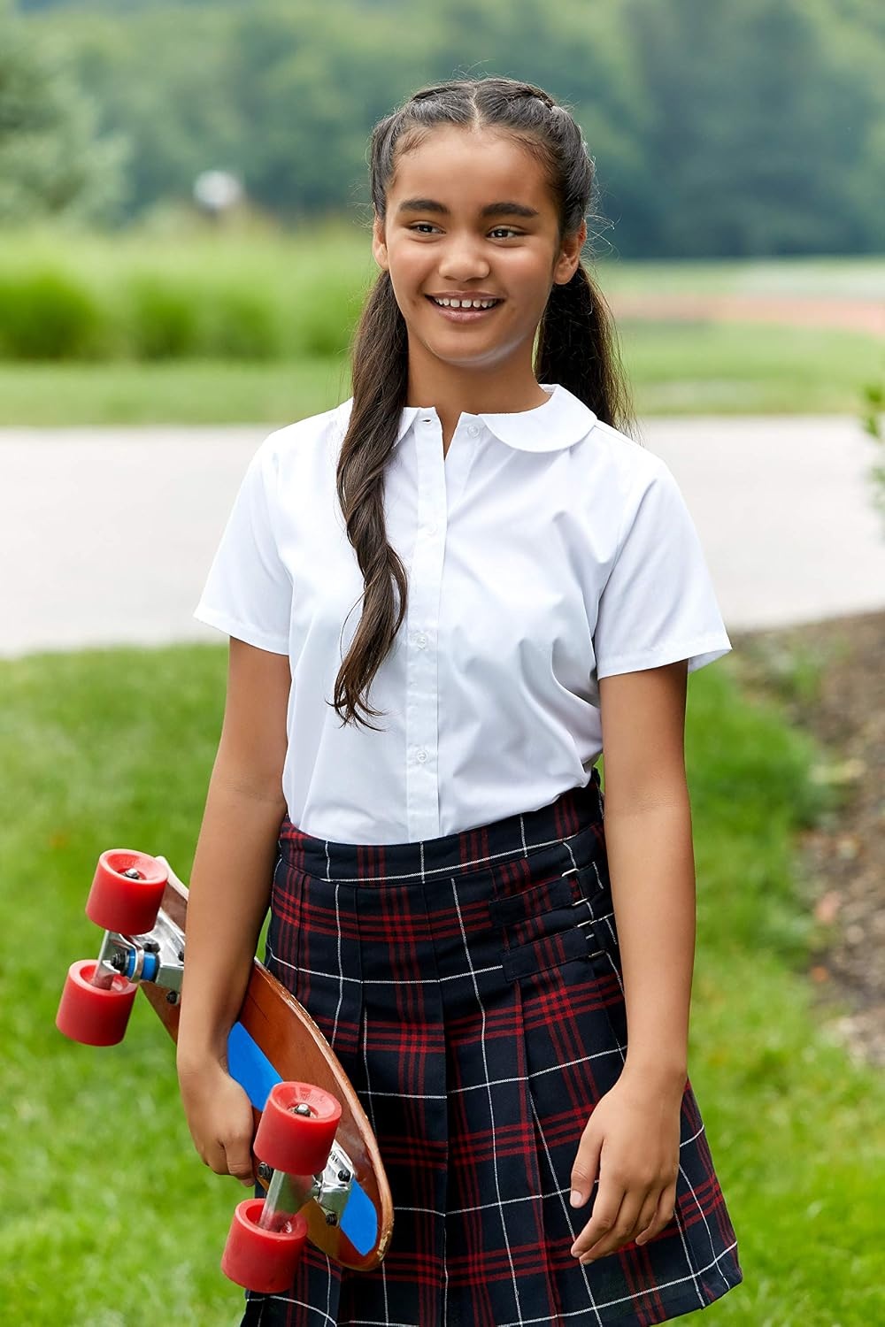 image:imageFrench Toast Girls Plaid Adjustable Waist PleatedFront Twotab ScooterNavy Red Plaid