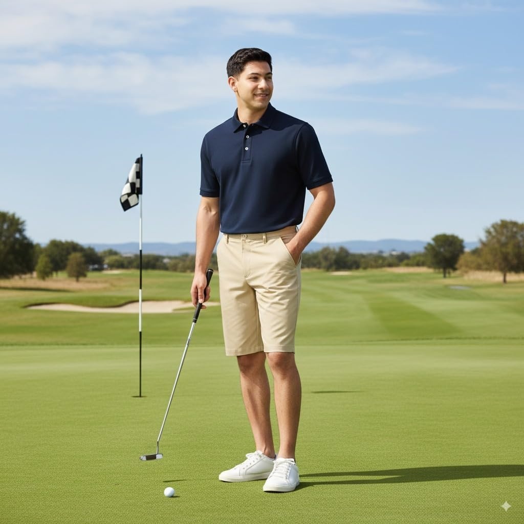image:imageFrench Toast Mens Moisture Wicking Flat Front Stretch Microfiber Performance ShortKhaki