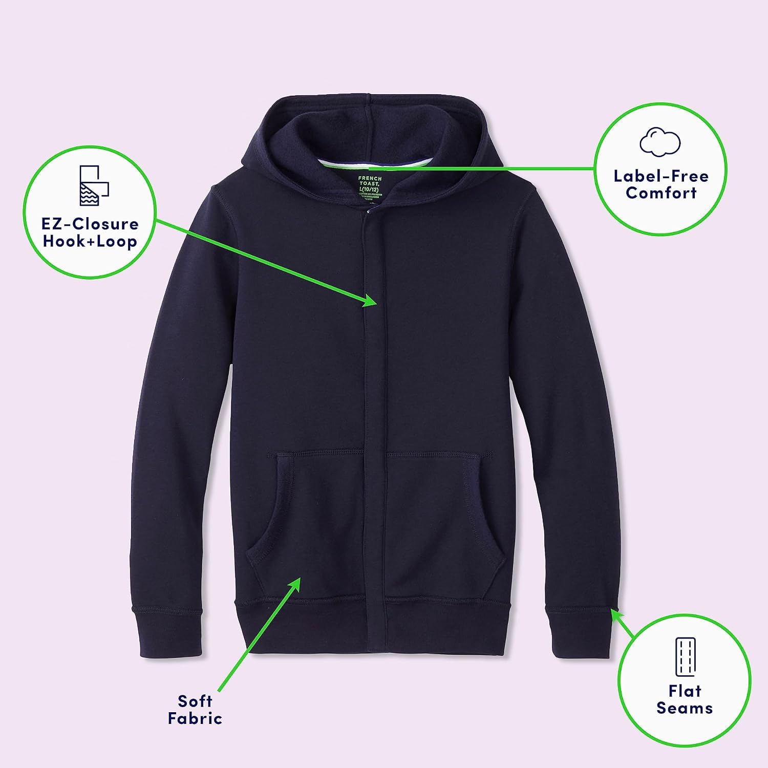 image:imageFrench Toast Unisex Child Adaptive Long Sleeve Fleece Hoodie With Flat Seams And Hidden Hook Loop Closure SweatshirtNavy New