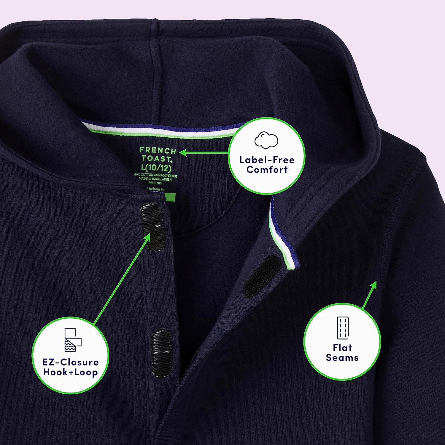 image:imageFrench Toast Unisex Child Adaptive Long Sleeve Fleece Hoodie With Flat Seams And Hidden Hook Loop Closure SweatshirtNavy New